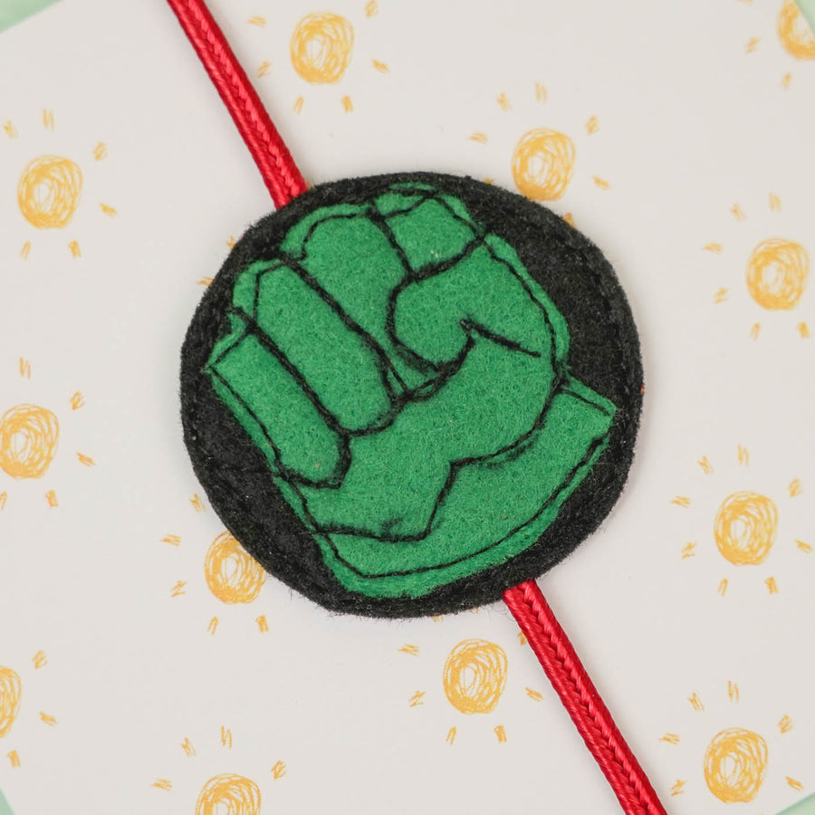 Handmade Hulk Theme Felt Kids Rakhi For Brother - Close-up of Single Rakhi