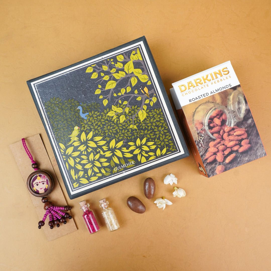 Handmade Eco Friendly Shakti Pressed Flower Lumba Rakhi For Bhabhi With Roli Chawal - Rakhi with Gift Box and Chocolates