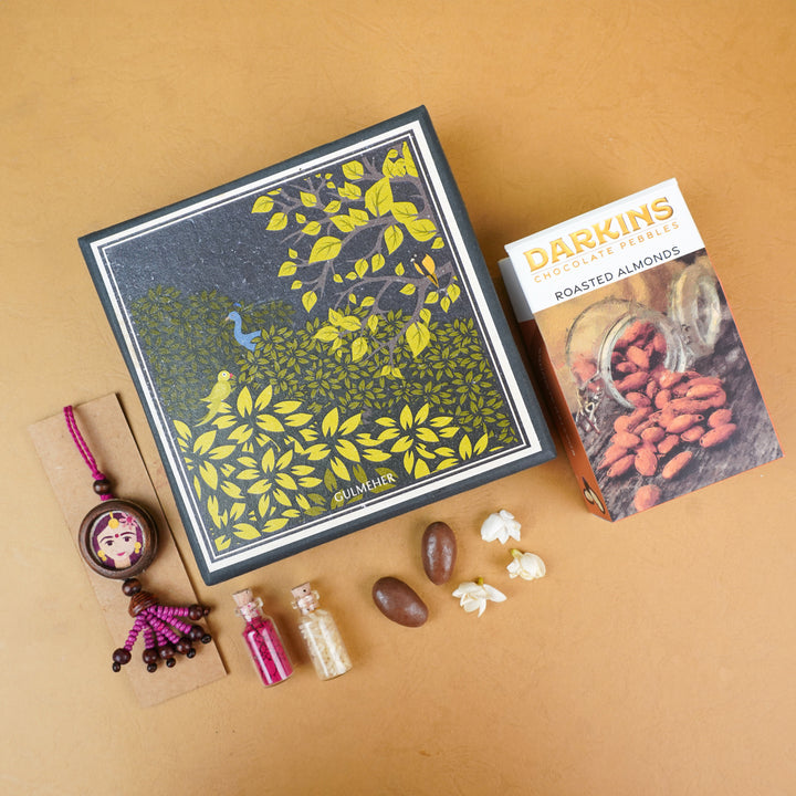 Handmade Eco Friendly Shakti Pressed Flower Lumba Rakhi For Bhabhi With Roli Chawal - Rakhi with Gift Box and Chocolates