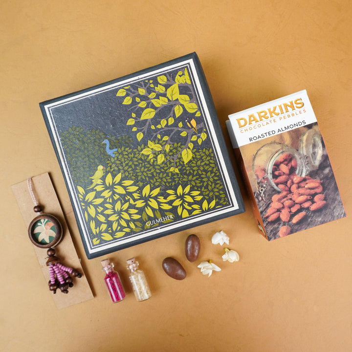 Handmade Eco Friendly Lily Pressed Flower Lumba Rakhi For Bhabhi With Roli Chawal - Gift box with rakhi and accessories