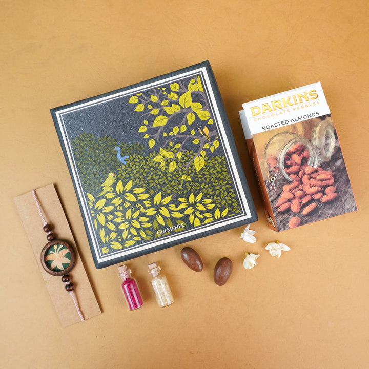 Handmade Eco Friendly Lily Pressed Flower Rakhi With Roli Chawal - Gift box and contents arrangement