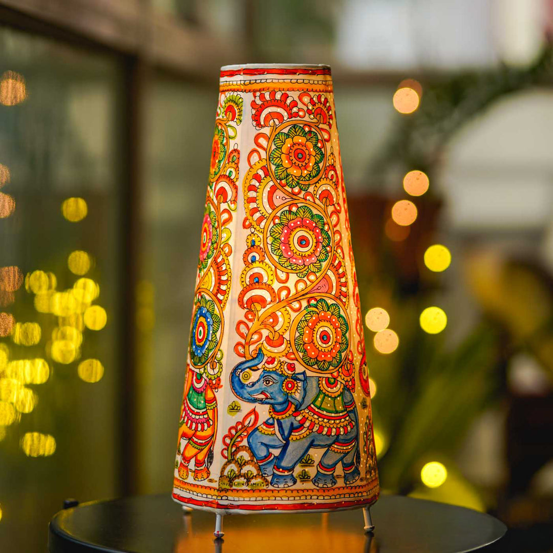 Multicolor Elephant Hand Painted Tholu Bommalata Tabletop Lamp | 17 inches