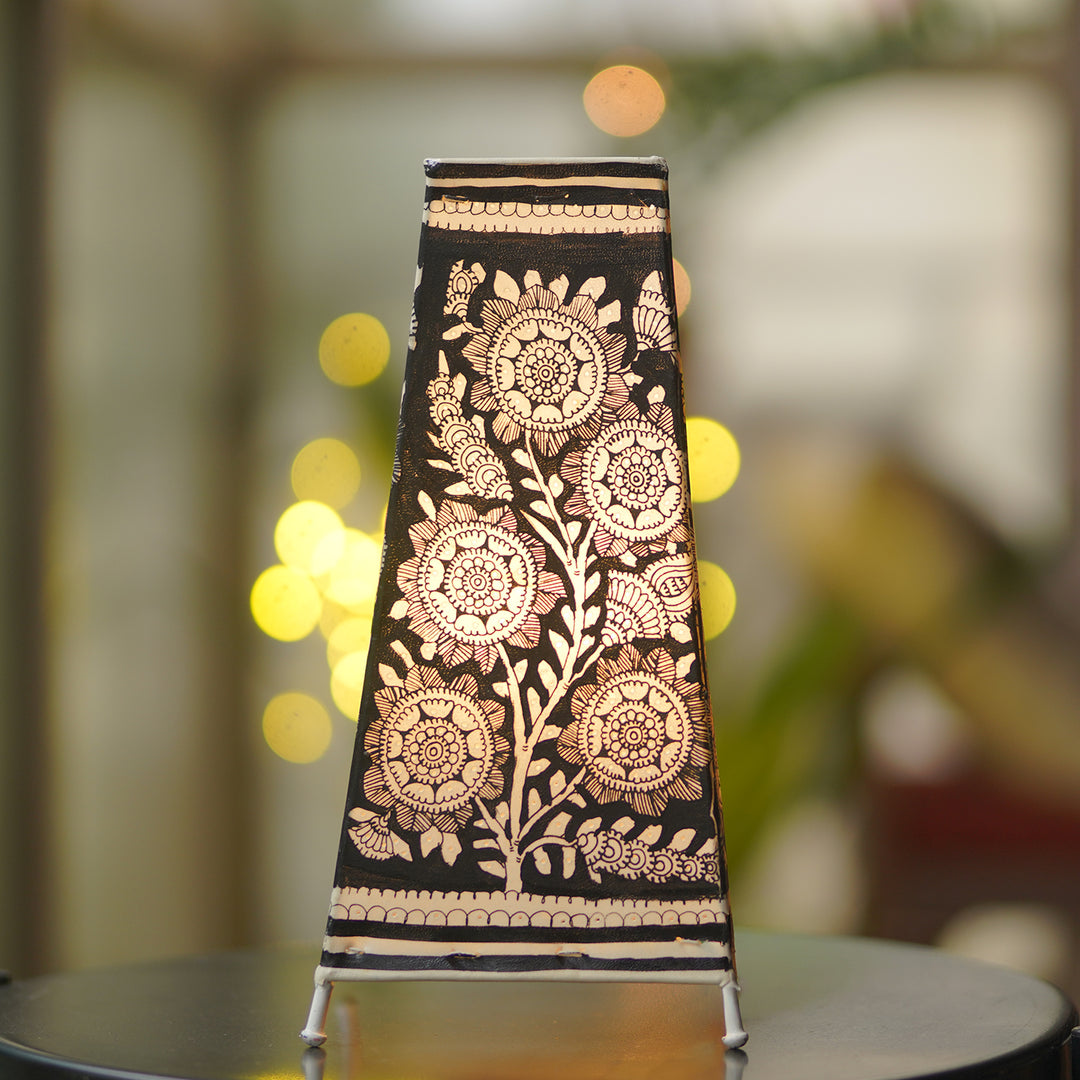 Floral Hand Painted Tholu Bommalata Tabletop Lamp | 13 inches