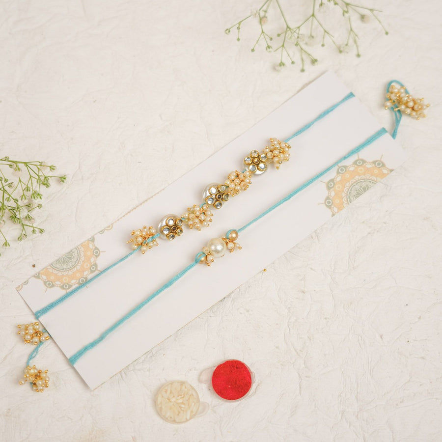 Handmade Triple Bajra Ghungroo Bhaiya Bhabhi Rakhi With Roli Chawal - On-pack Presentation with Accessories