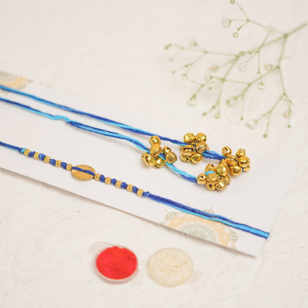 Handmade Swarn Sutra Ghungroo Bhaiya Bhabhi Rakhi With Roli Chawal - Close-up of Bell Detail (4)