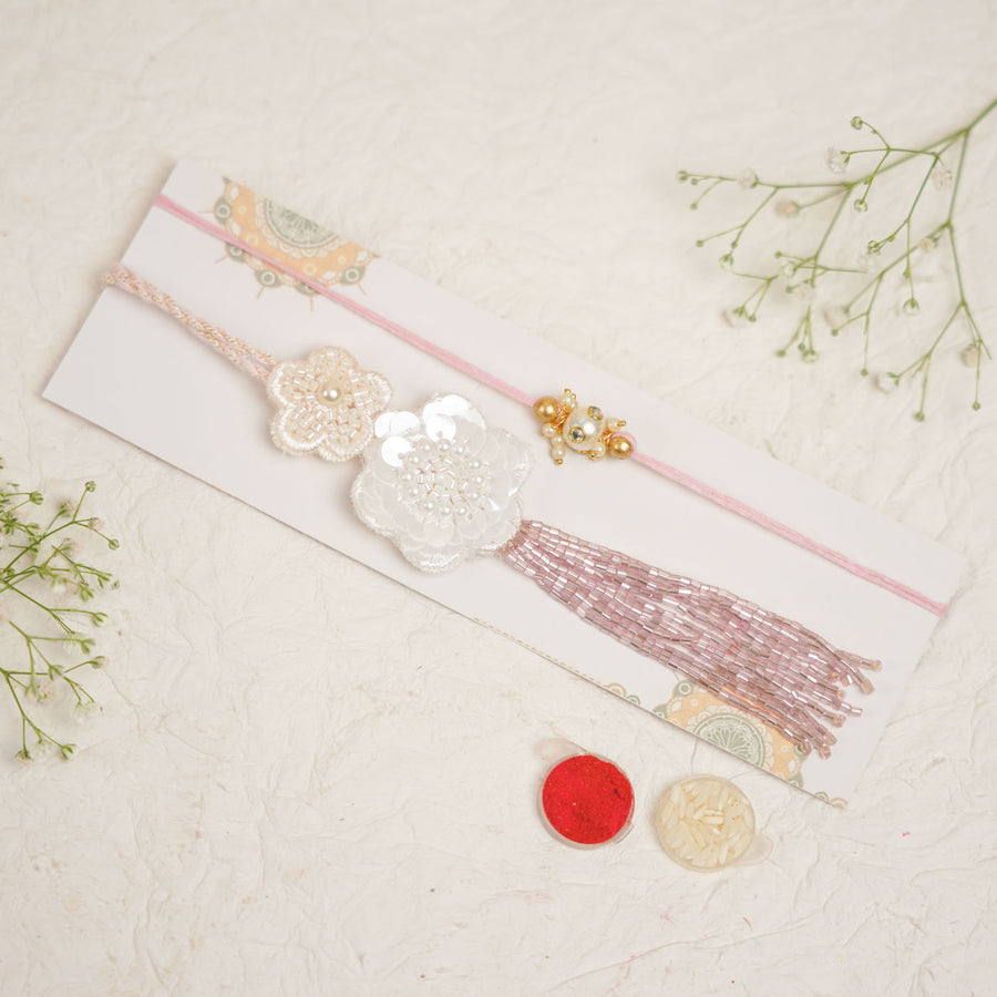 Handmade Dual Flower Pearl Design Cutdana Bhaiya Bhabhi Rakhi With Roli Chawal - Full Product with Packaging