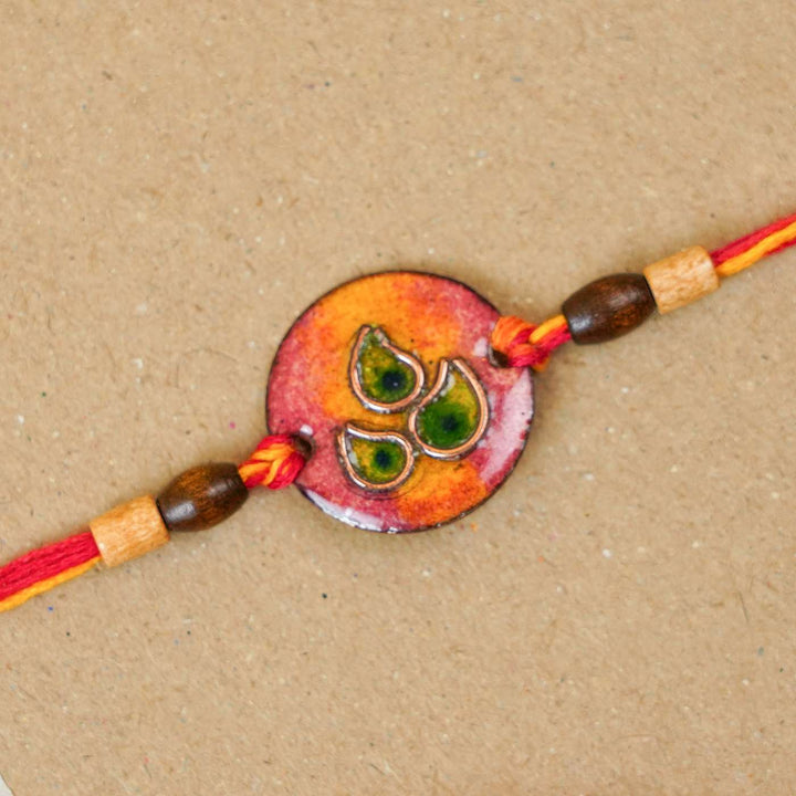 Handmade Morpankh Copper Enamel Rakhi With Chocolates & Roli Chawal