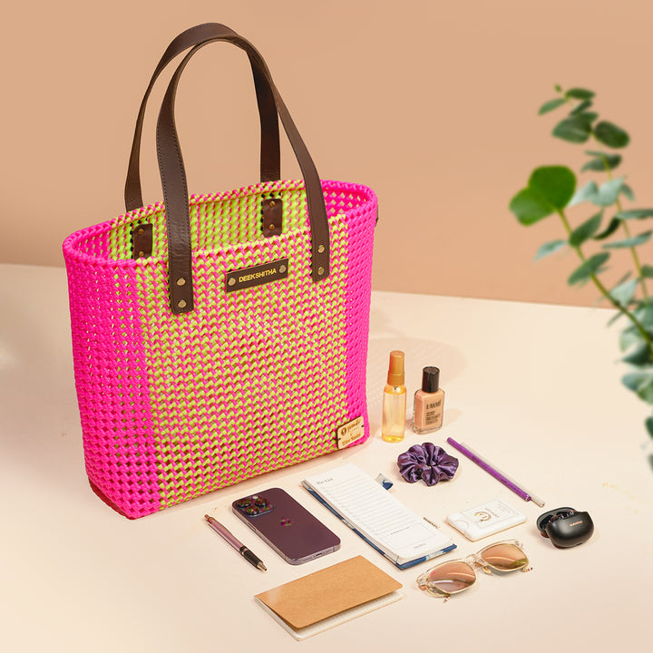 Pink And Green Blocks Handmade Wire Koodai Tote Bag