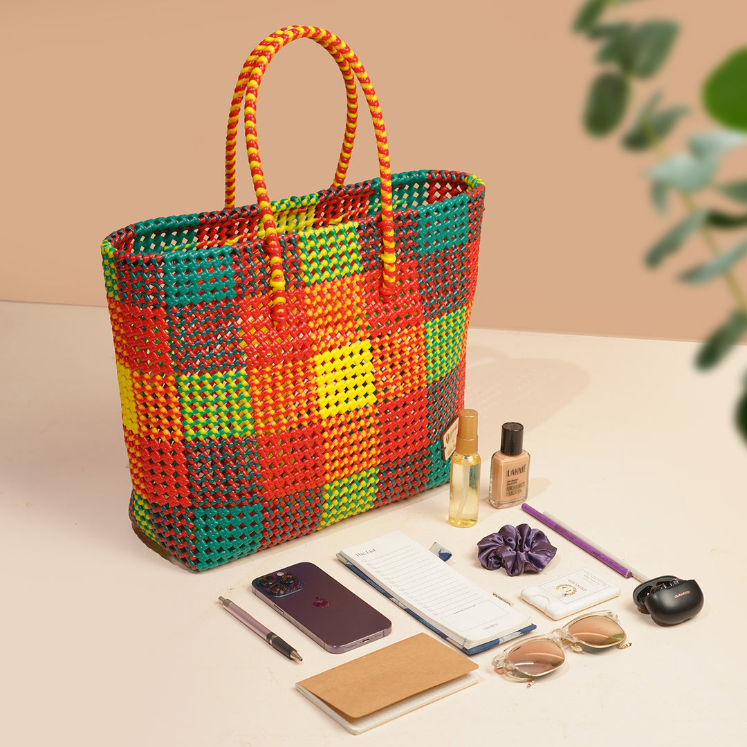 Multicolour Checks Handmade Wire Koodai Tote Bag