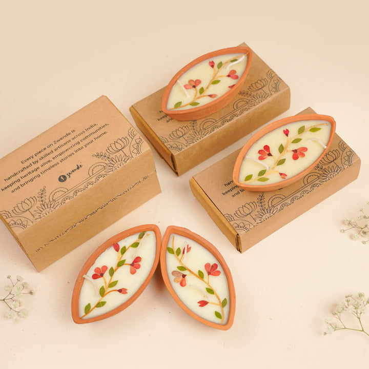 10 pc | Soy Wax & Dry Flower Terracota Festive Boat Diyas