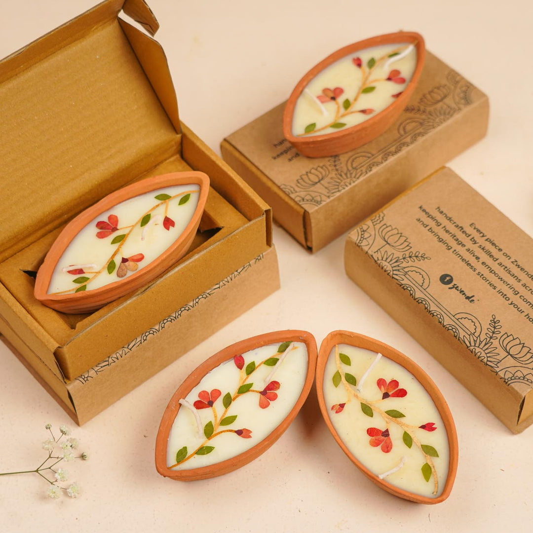 10 pc | Soy Wax & Dry Flower Terracota Festive Boat Diyas