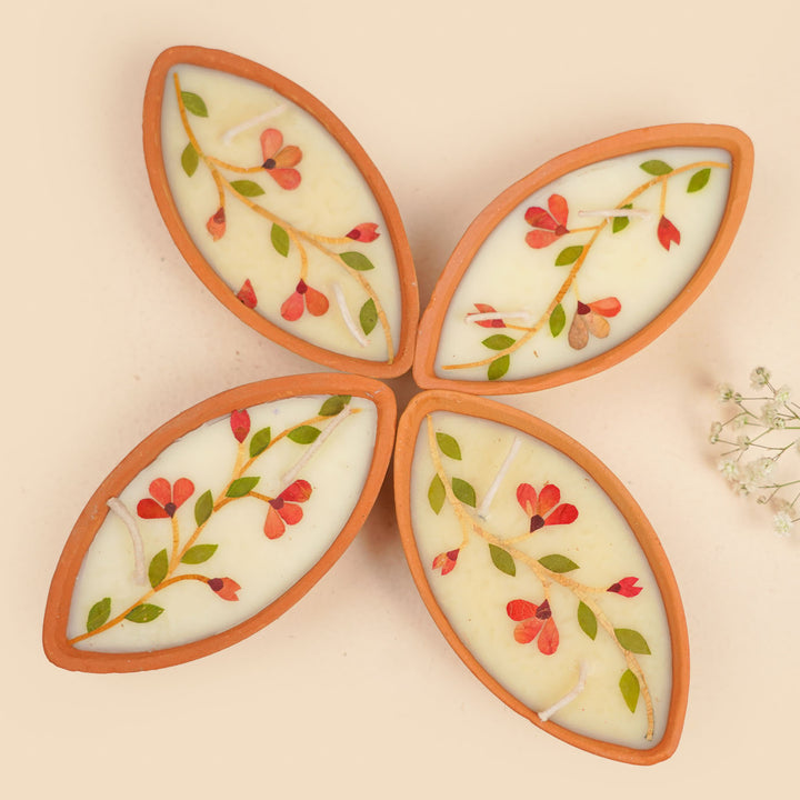 10 pc | Soy Wax & Dry Flower Terracota Festive Boat Diyas