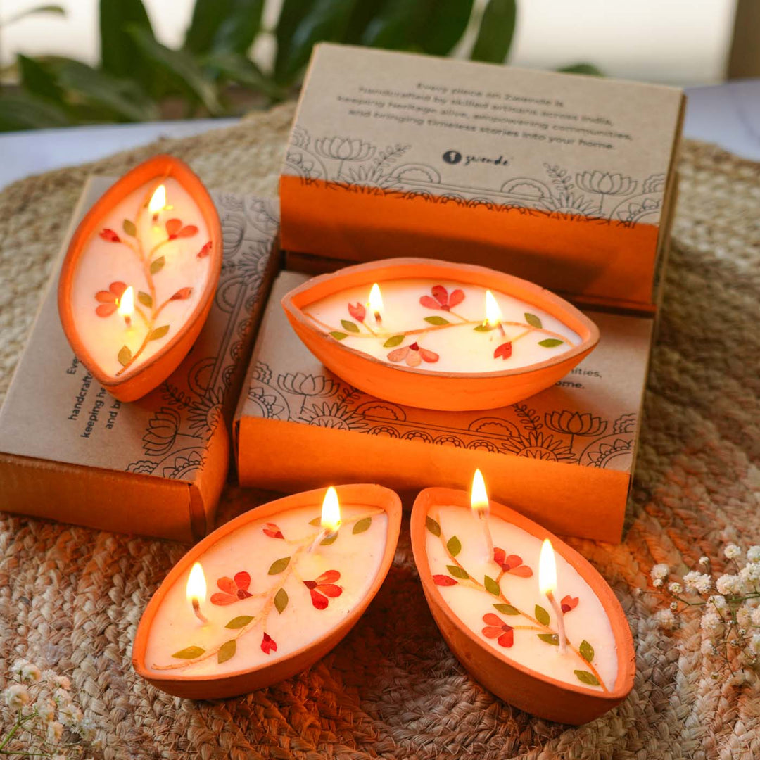 10 pc | Soy Wax & Dry Flower Terracota Festive Boat Diyas