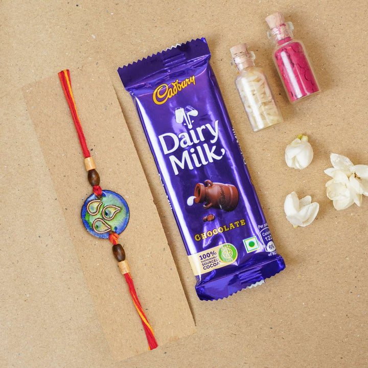 Handmade Morpankh Copper Enamel Rakhi With Chocolates & Roli Chawal