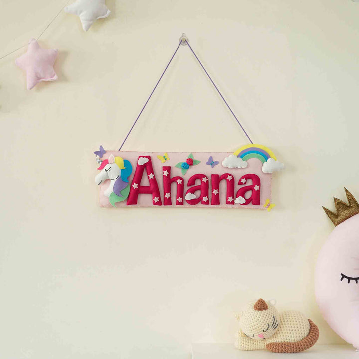 Handcrafted Unicorn Themed Rectangle Felt Name Plate for Kids