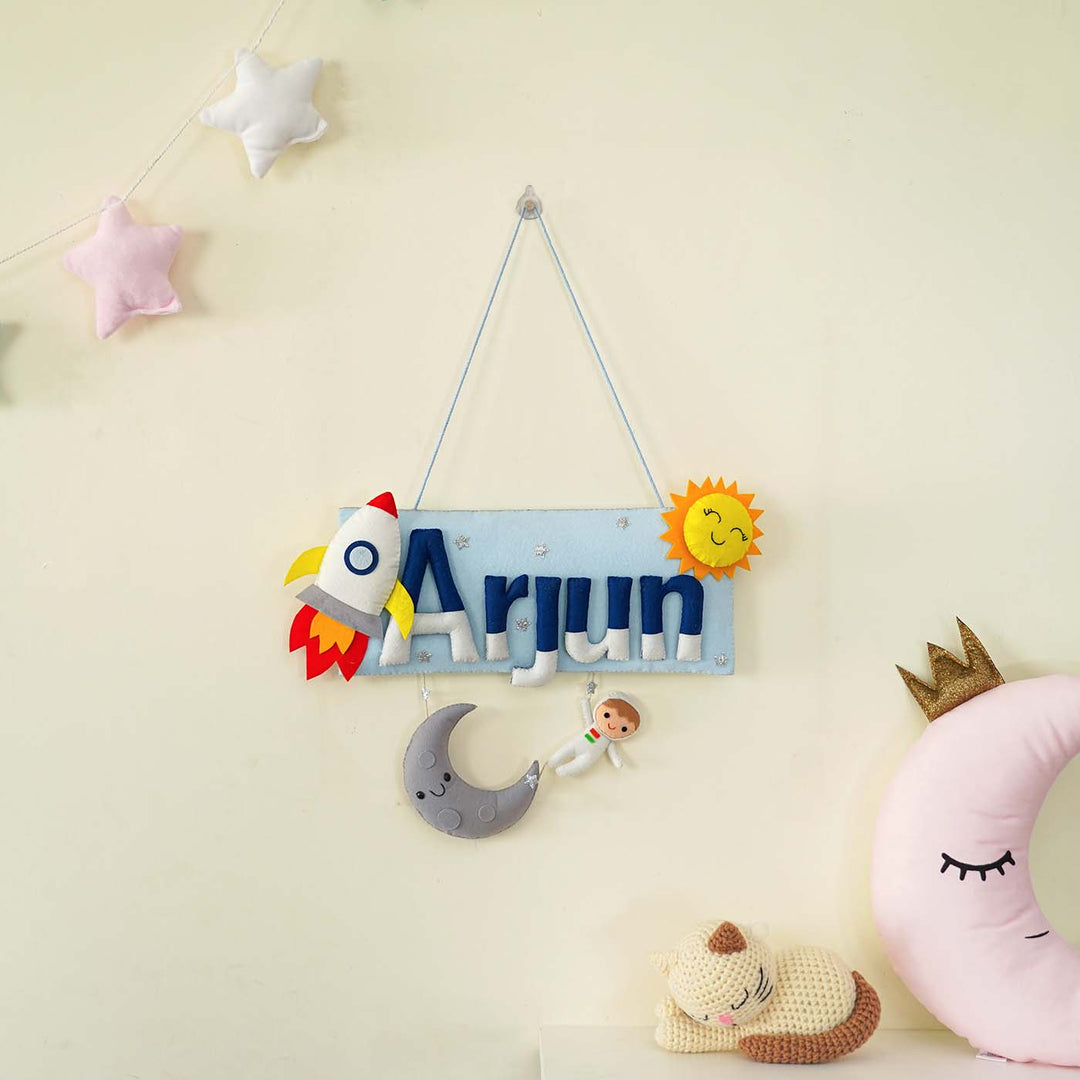 Handcrafted Space Themed Rectangle Felt Name Plate for Kids