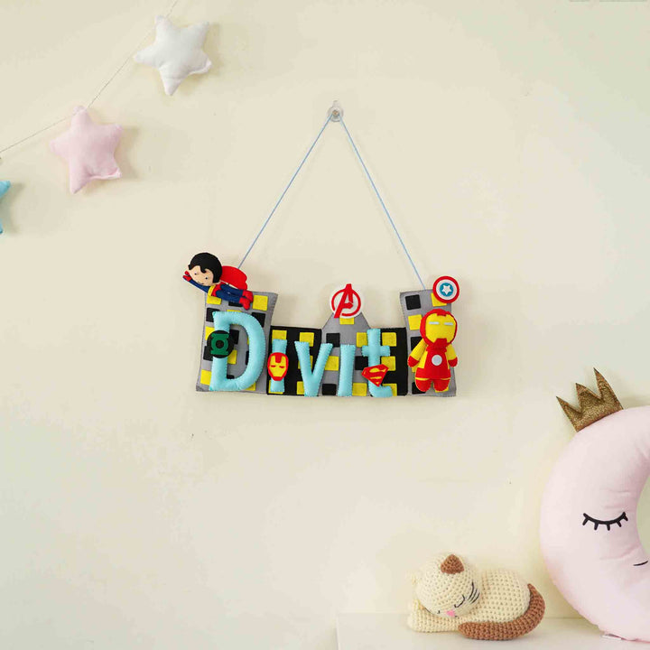 Handcrafted Superhero Themed Rectangle Felt Name Plate for Kids