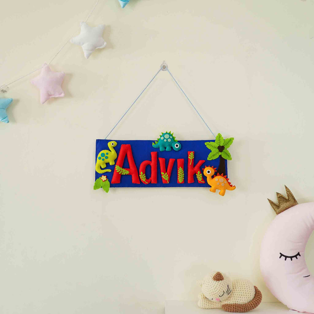 Handcrafted Dinosaur Themed Rectangle Felt Name Plate for Kids