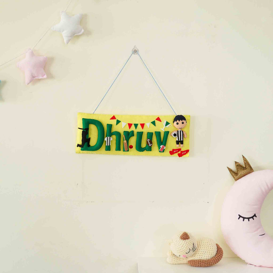 Handcrafted Sports Themed Rectangle Felt Name Plate for Kids