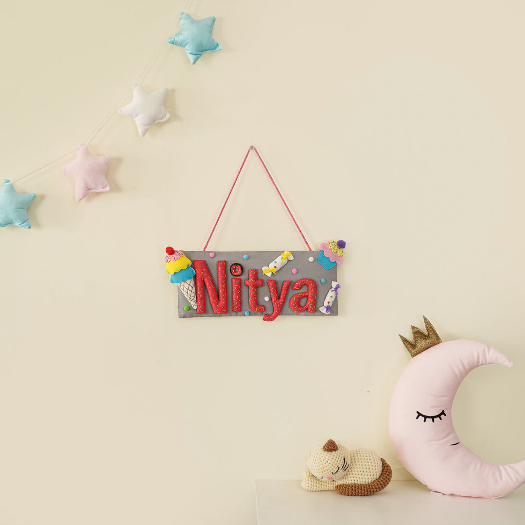 Handcrafted Ice Cream & Candy Themed Rectangle Felt Name Plate for Kids