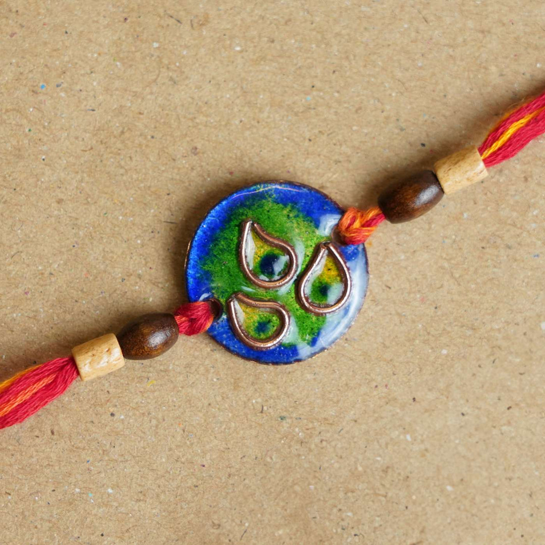 Handmade Morpankh Copper Enamel Rakhi With Chocolates & Roli Chawal