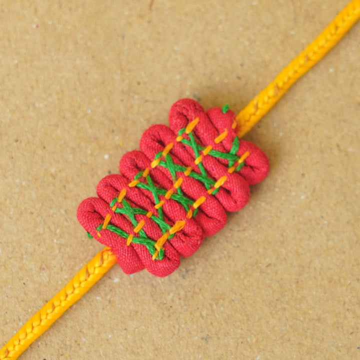 Handmade Dor Upcycled Fabric Rakhi With Roli Chawal