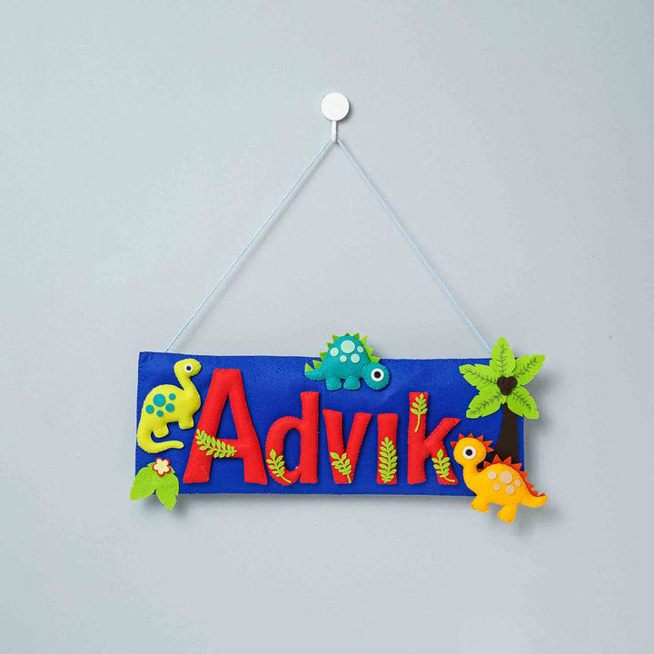 Handcrafted Dinosaur Themed Rectangle Felt Name Plate for Kids