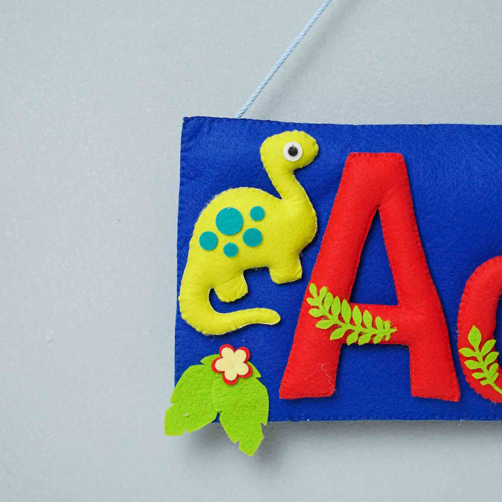 Handcrafted Dinosaur Themed Rectangle Felt Name Plate for Kids