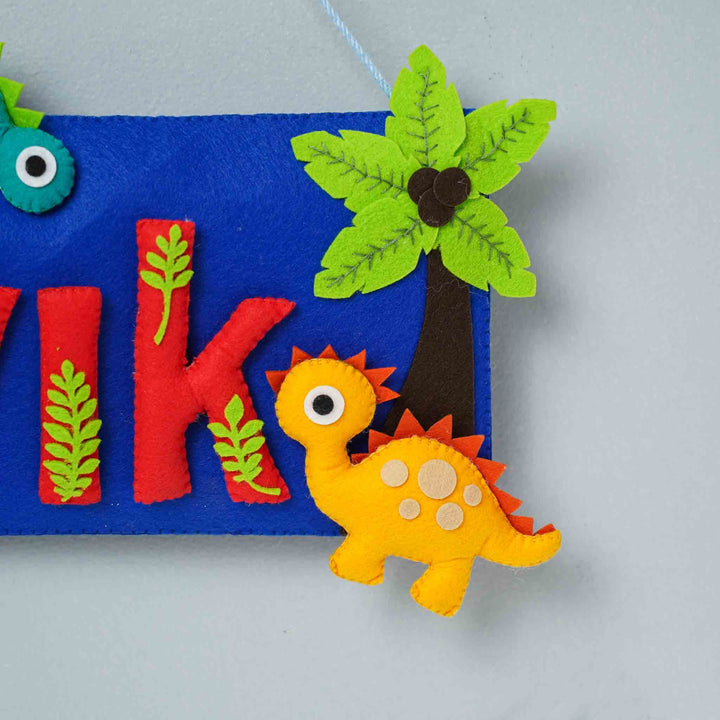 Handcrafted Dinosaur Themed Rectangle Felt Name Plate for Kids