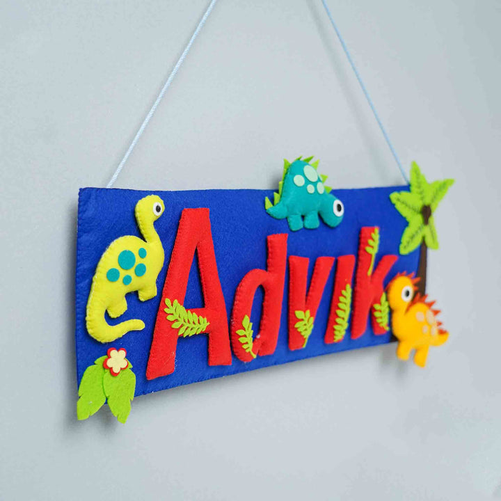 Handcrafted Dinosaur Themed Rectangle Felt Name Plate for Kids