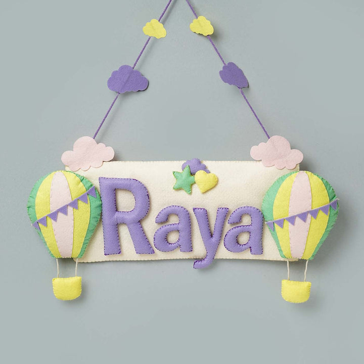 Handcrafted Hot Air Balloon Themed Rectangle Felt Name Plate for Kids