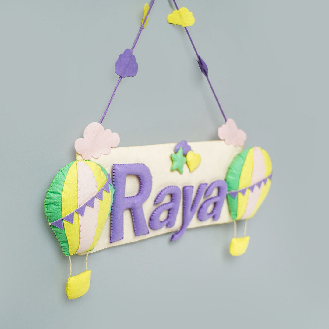 Handcrafted Hot Air Balloon Themed Rectangle Felt Name Plate for Kids