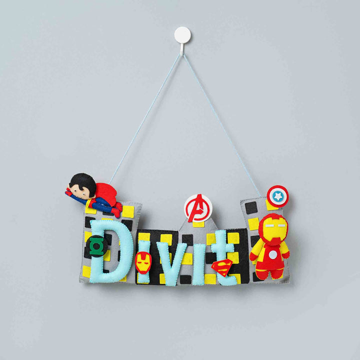Handcrafted Superhero Themed Rectangle Felt Name Plate for Kids