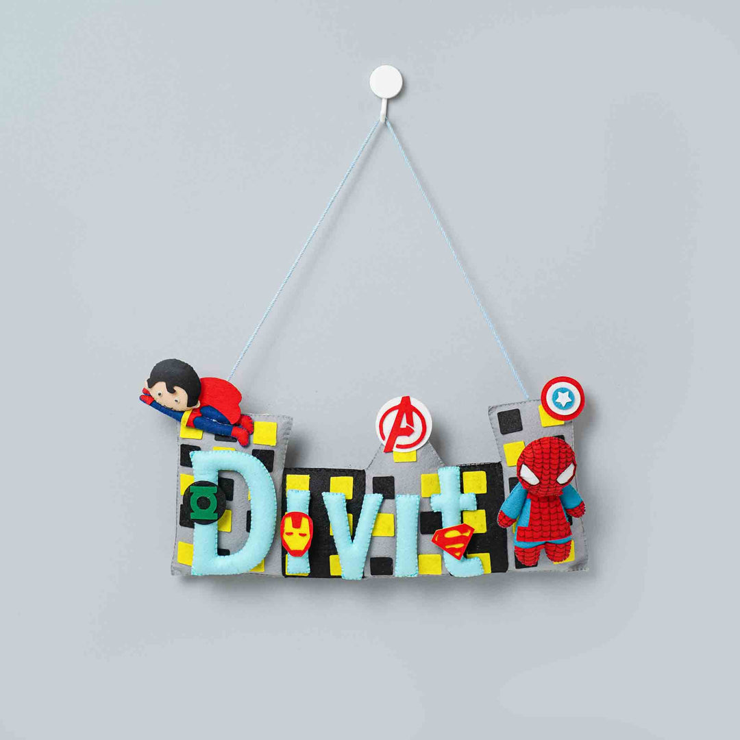 Handcrafted Superhero Themed Rectangle Felt Name Plate for Kids