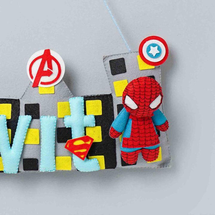 Handcrafted Superhero Themed Rectangle Felt Name Plate for Kids