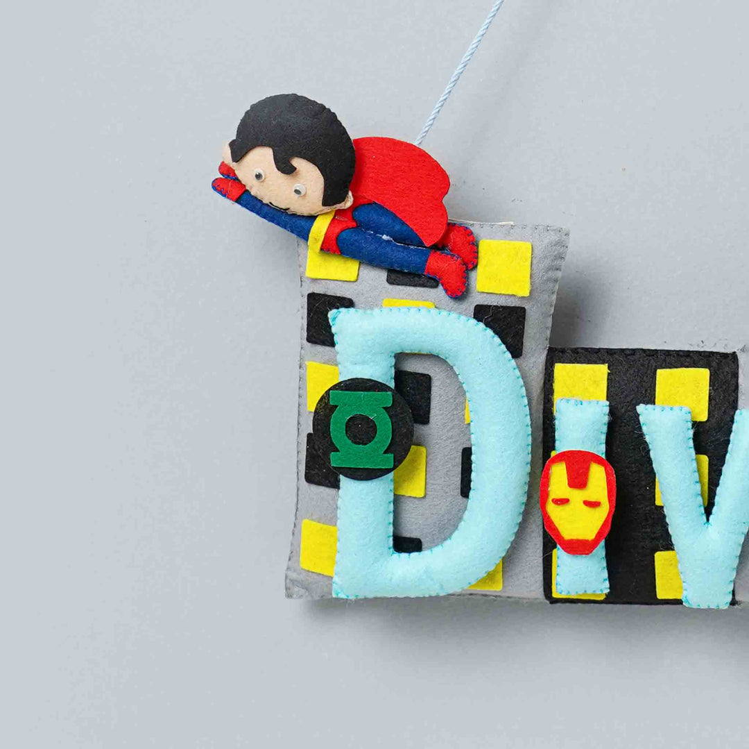 Handcrafted Superhero Themed Rectangle Felt Name Plate for Kids