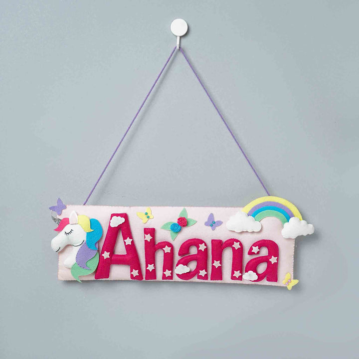 Handcrafted Unicorn Themed Rectangle Felt Name Plate for Kids