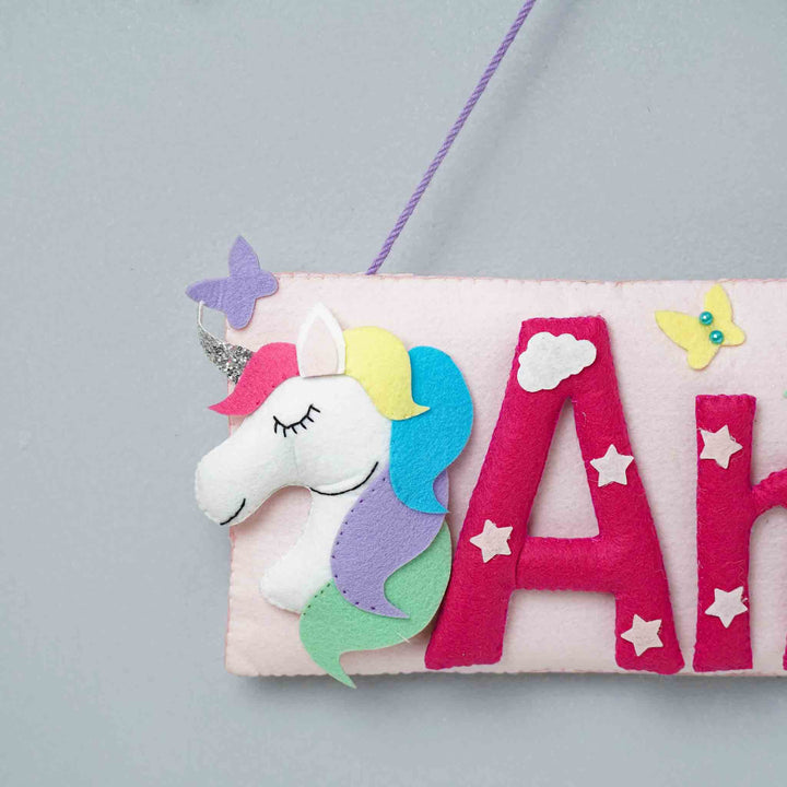 Handcrafted Unicorn Themed Rectangle Felt Name Plate for Kids