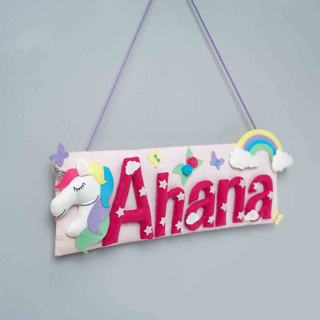 Handcrafted Unicorn Themed Rectangle Felt Name Plate for Kids
