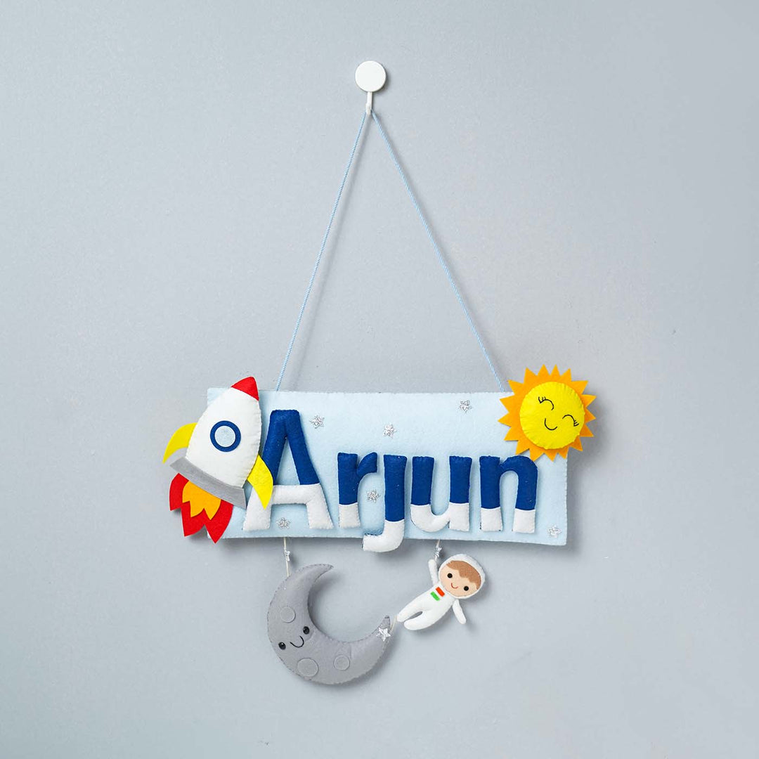 Handcrafted Space Themed Rectangle Felt Name Plate for Kids