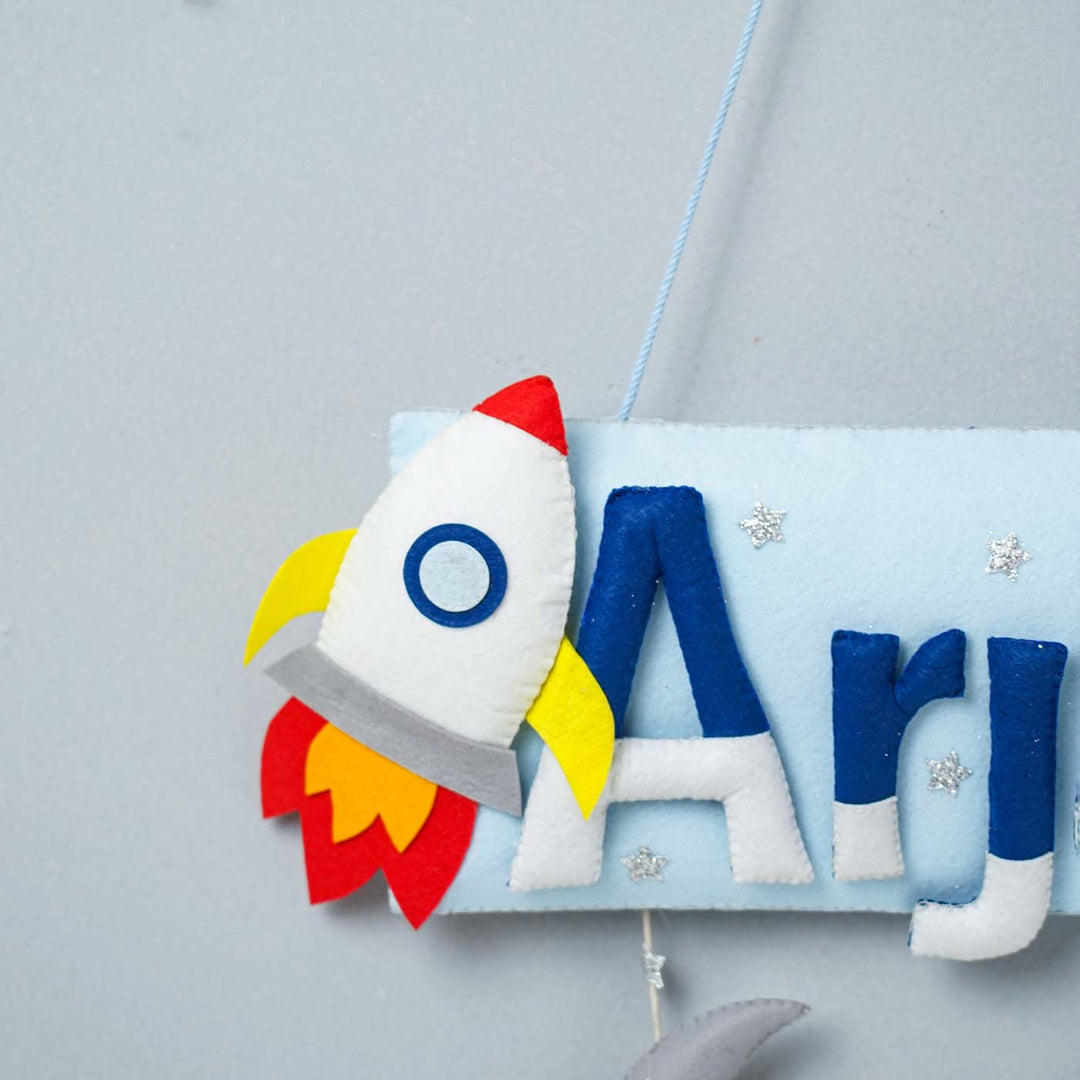 Handcrafted Space Themed Rectangle Felt Name Plate for Kids