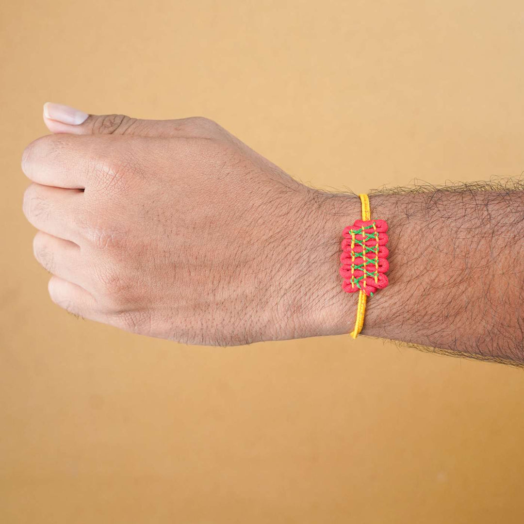 Handmade Dor Upcycled Fabric Rakhi With Roli Chawal