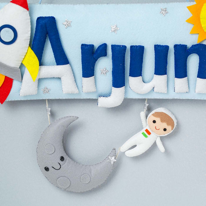 Handcrafted Space Themed Rectangle Felt Name Plate for Kids
