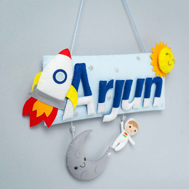 Handcrafted Space Themed Rectangle Felt Name Plate for Kids