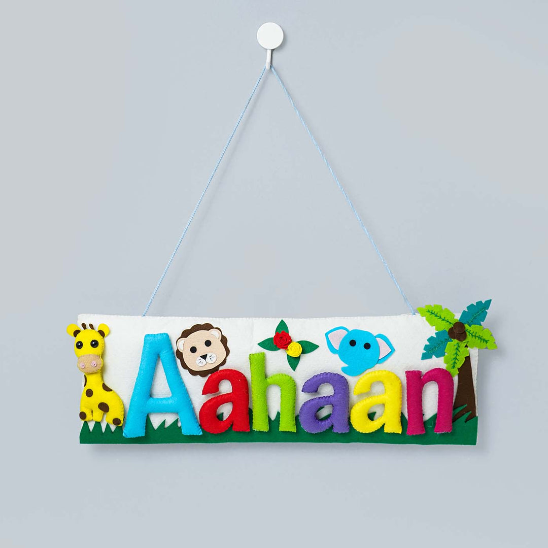 Handcrafted Animal Safari Themed Rectangle Felt Name Plate for Kids