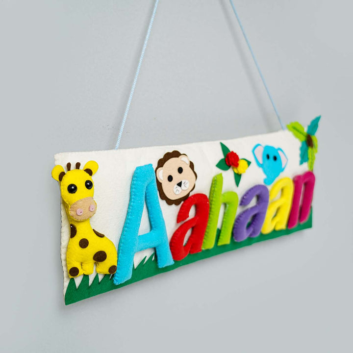 Handcrafted Animal Safari Themed Rectangle Felt Name Plate for Kids