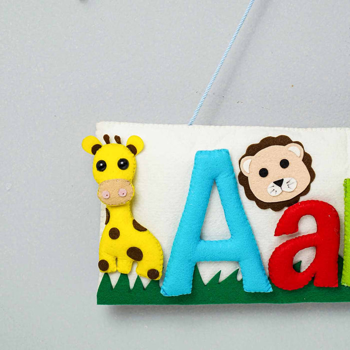 Handcrafted Animal Safari Themed Rectangle Felt Name Plate for Kids