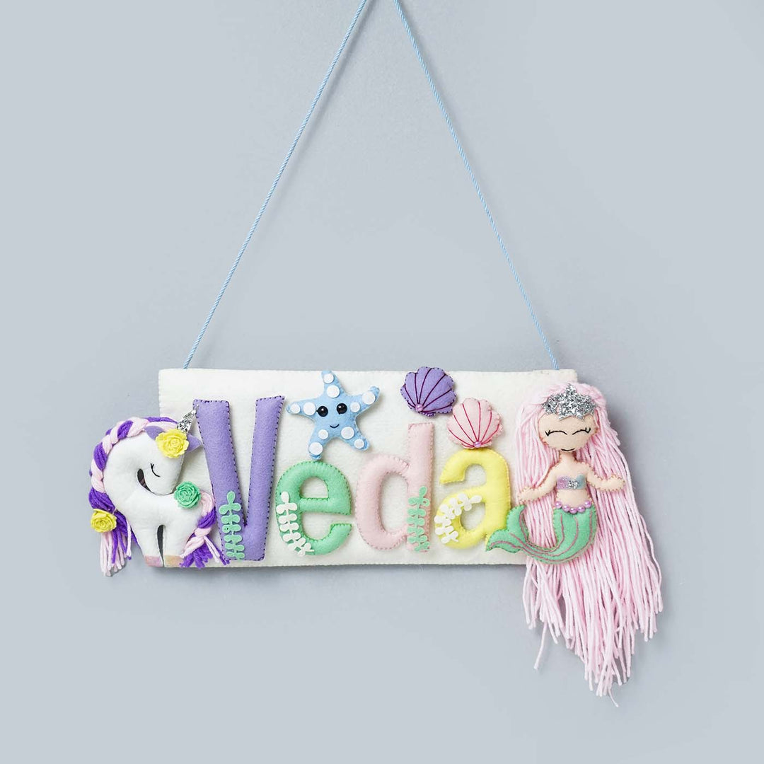 Handcrafted Mermaid & Unicorn Themed Rectangle Felt Name Plate for Kids