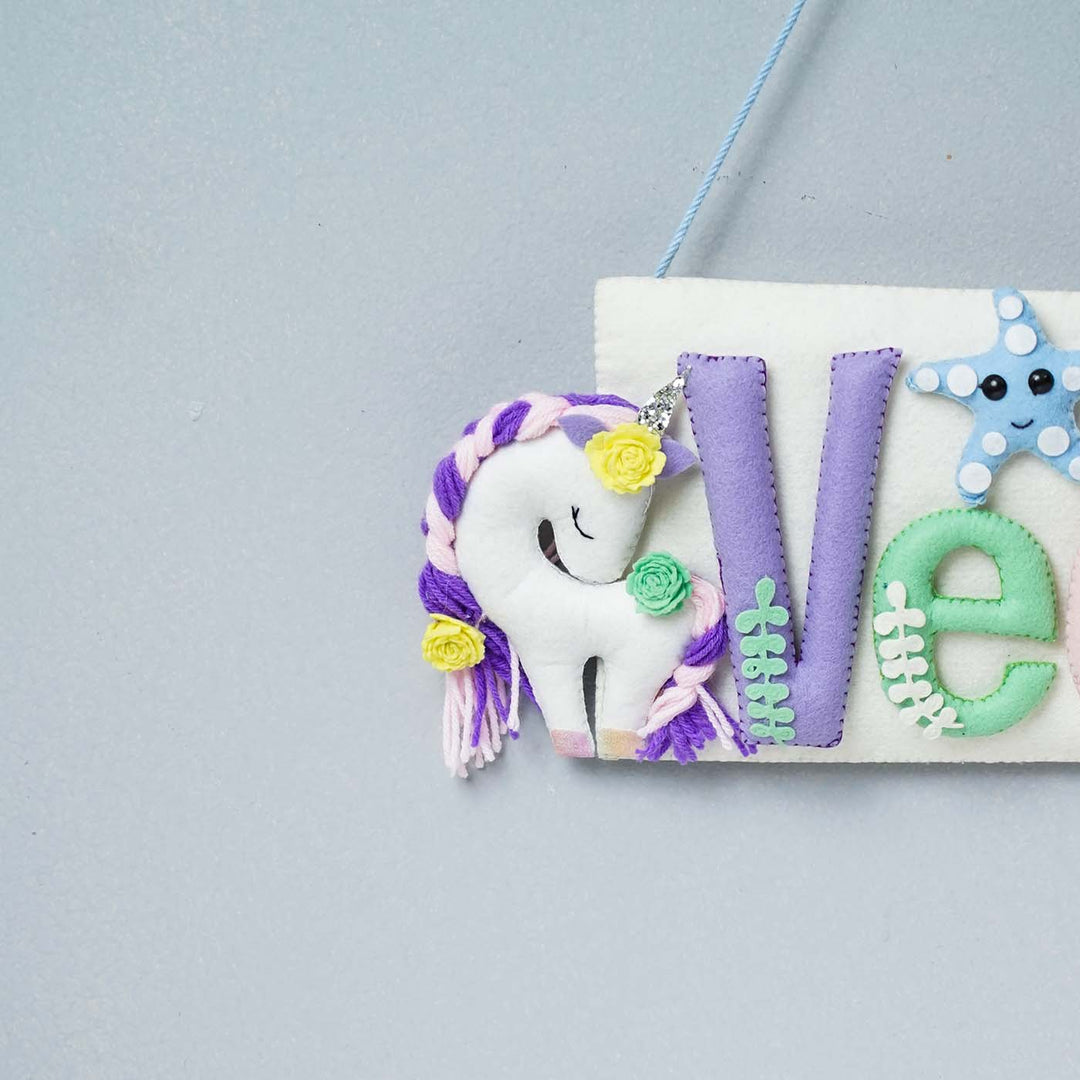 Handcrafted Mermaid & Unicorn Themed Rectangle Felt Name Plate for Kids