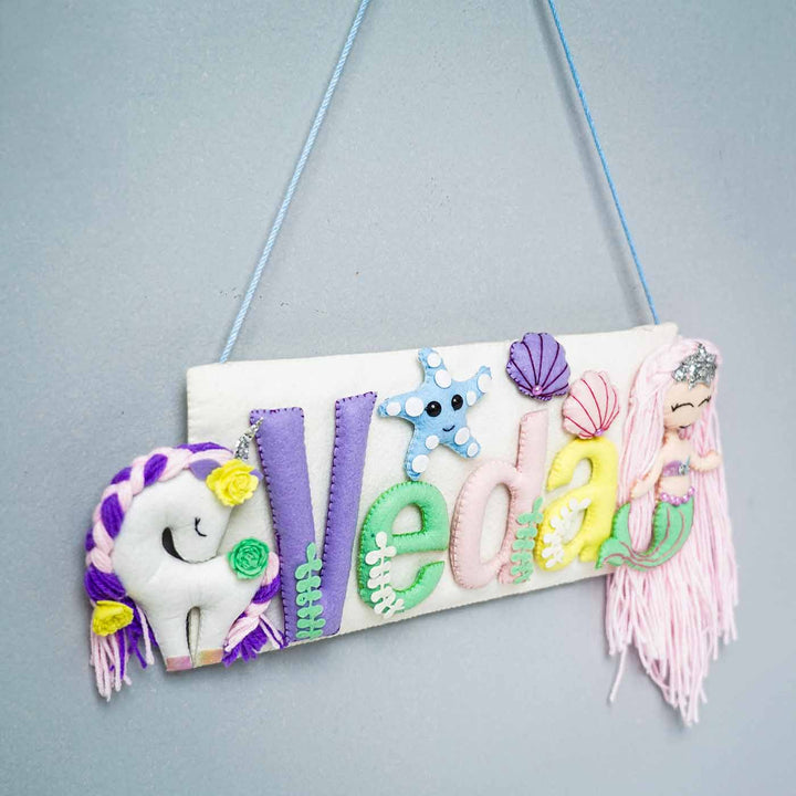 Handcrafted Mermaid & Unicorn Themed Rectangle Felt Name Plate for Kids